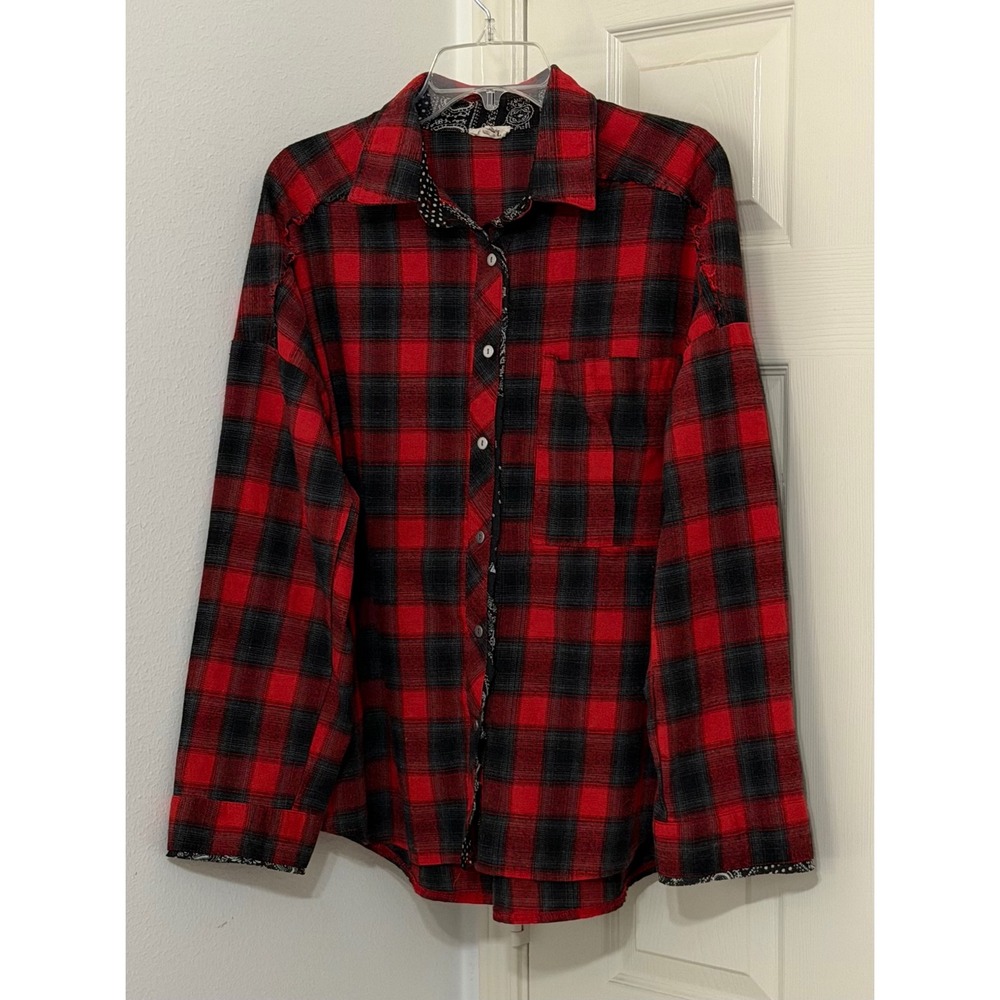 POL Mens sz L Red Black Buffalo Plaid Button Down Shirt Paisley Trim